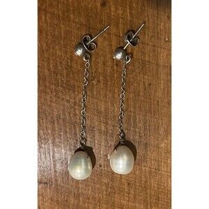 Sterling Silver Chain Freshwater Pearl Dangle Stud Earrings